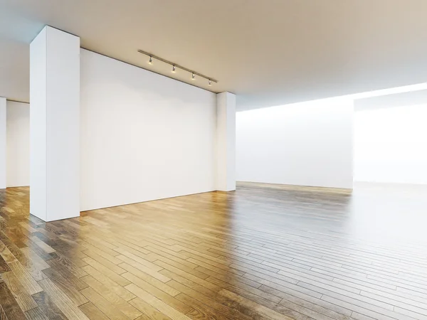 Lienzo blanco en el interior del museo con suelo de madera. 3d renderizar — Foto de Stock