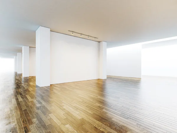 White and blank canvas in museum interior with wooden floor. 3d render — Stock Photo, Image