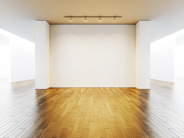 Vista na parede em branco na galeria com piso de madeira. Renderização 3d — Fotografia de Stock