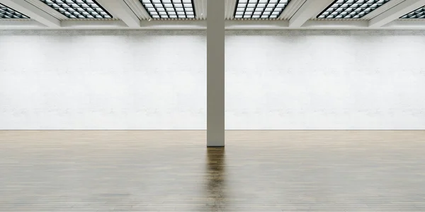 Vista panorâmica da parede de tijolo vazio com piso de madeira. Renderização 3D ampla — Fotografia de Stock