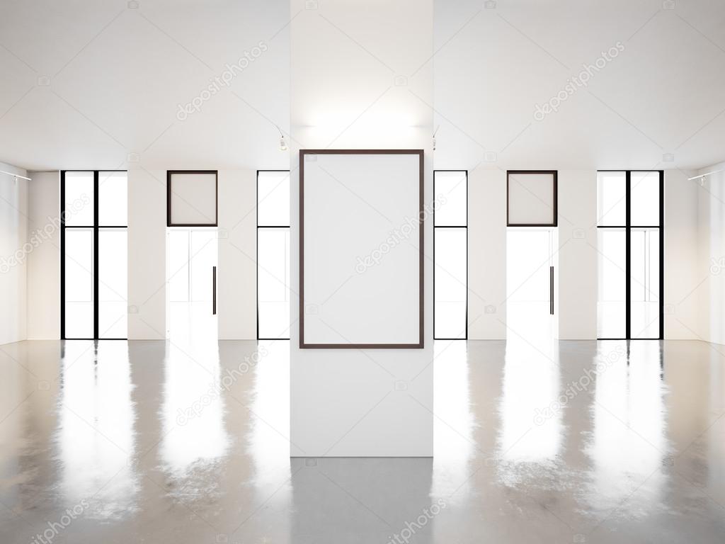 Blank hall of contemporary gallery with empty frames. 3d render
