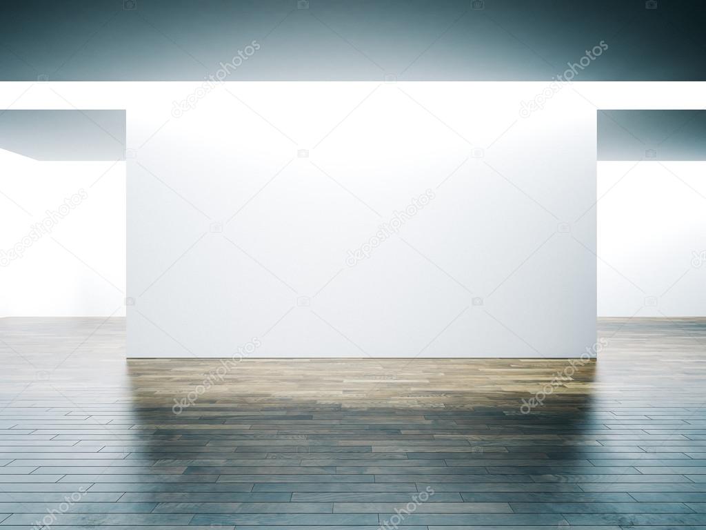 Big white wall in museum interior with wooden floor. 3d render