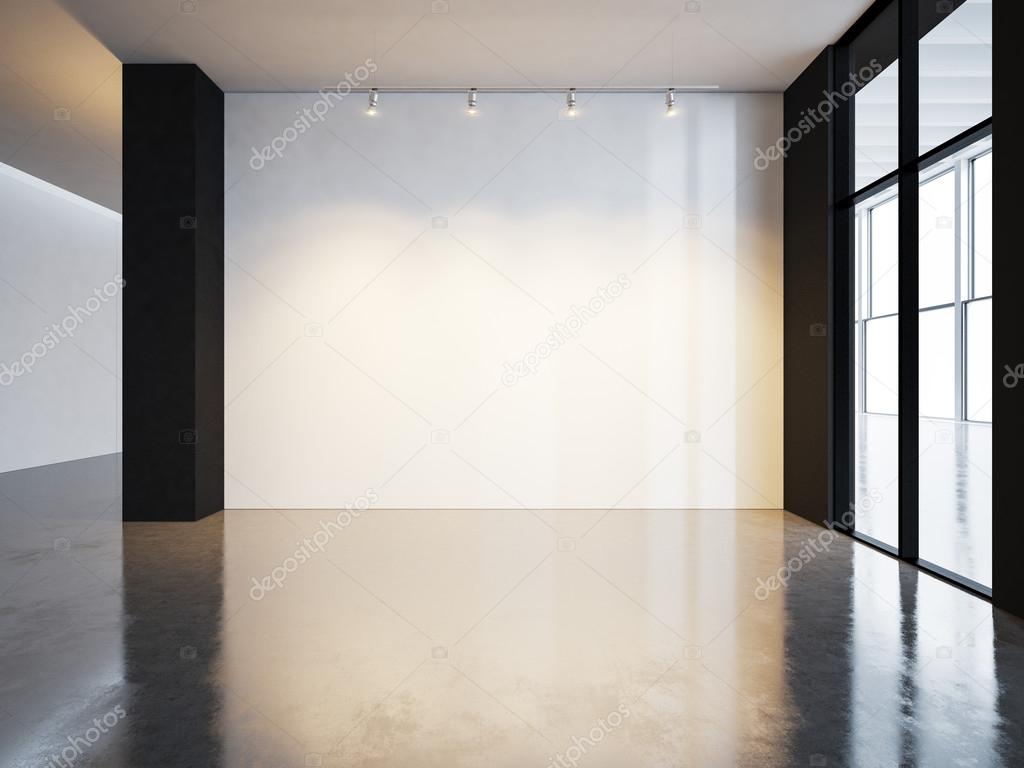 Blank canvas in gallery with concrete floor. 3d render