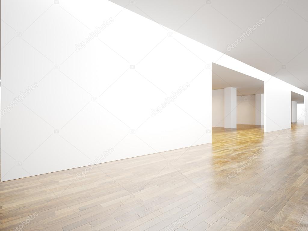 White panoramic wall in museum interior with wooden floor. 3d render
