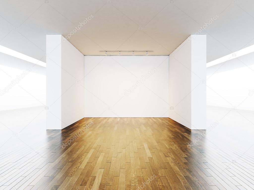 Empty space for exhibit, lamp on the wall background, wooden floor. 3d render