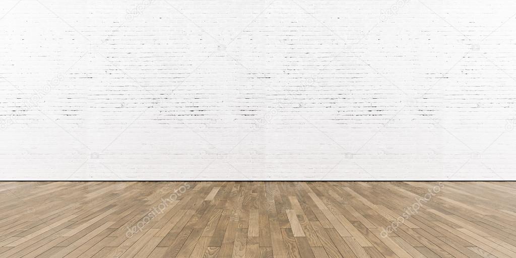Blank part of white painted brick wall with wooden floor. 3d render