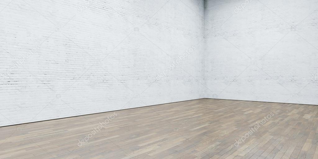 Open space gallery in modern loft. Brick wall with wooden floor. 3d render