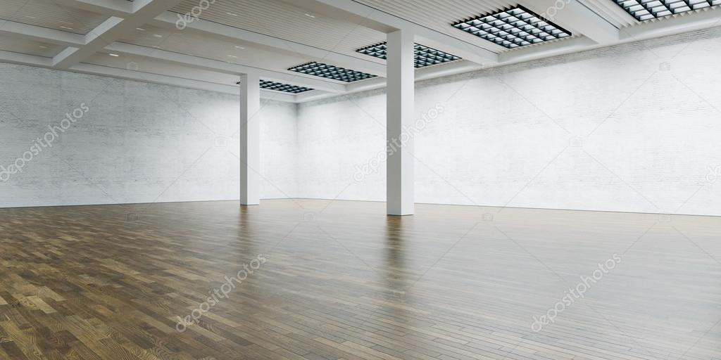 Empty expo gallery and columns in the center. Brick wall with wooden floor. 3d render