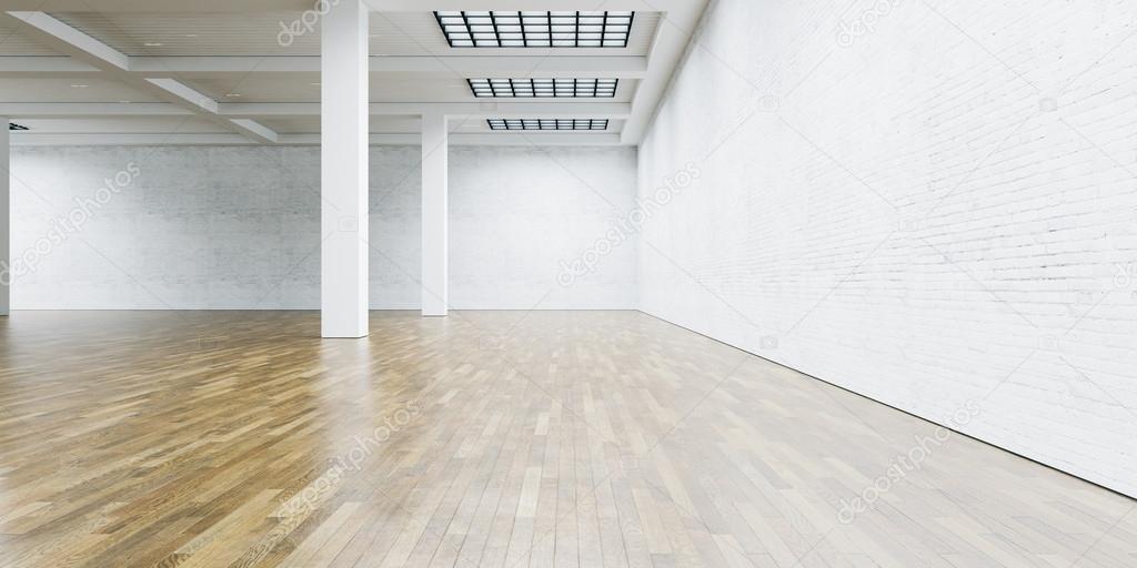 White column in museum interior with wooden floor. Wide. 3d render