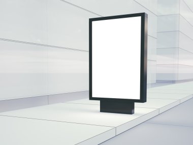 Boş lightbox boş sokaklarda. Arka planda binaların cam cepheler. Sağ tarafta. 3D render