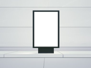 Boş lightbox boş sokaklarda. Arka planda binaların cam cepheler. Önden Görünüm. 3D render