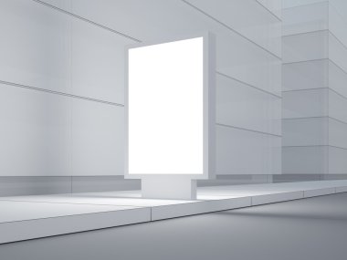 Beyaz lightbox boş sokaklarda. Modern binalar içinde geçmiş. 3D render