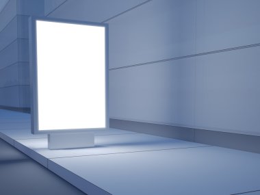 Beyaz lightbox boş sokaklarda. Modern binalar içinde geçmiş. Sol tarafta. 3D render