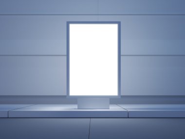 Beyaz lightbox boş sokaklarda. Modern binalar içinde geçmiş. Önden Görünüm. 3D render