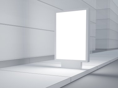 Beyaz lightbox boş sokaklarda. Modern binalar içinde geçmiş. 3D render