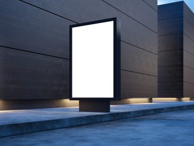 Siyah boş lightbox sokakta. Arka planda modern binalar ahşap cephe. 3D render