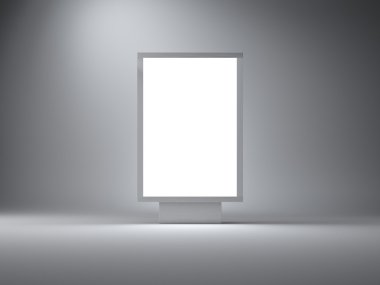 Gümüş lightbox boş stüdyoda. Gri duvar arka plan. 3D render