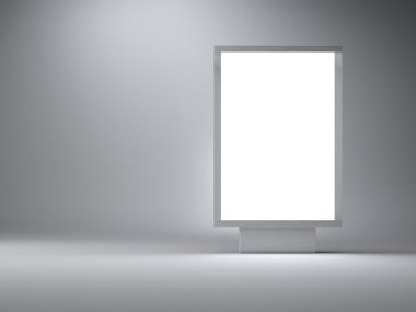 Gümüş lightbox boş stüdyoda. Sağ tarafta. Gri duvar arka plan. 3D render