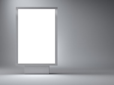 Gümüş lightbox boş stüdyoda. Sol tarafta. Gri duvar arka plan. 3D render