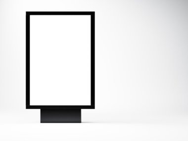 siyah boş lightbox stüdyoda. Boş beyaz duvar arka plan. Sol tarafta. 3D render