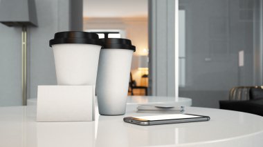 İki almak uzakta bardak, kartvizitler ve genel tasarım smartphone tablo kümesi. 3D render