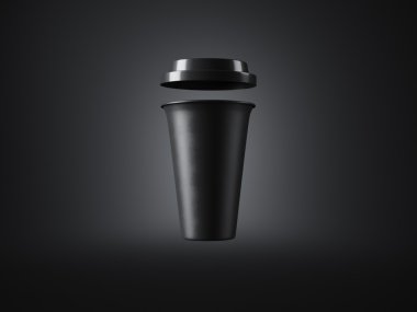 Koyu arka plan üzerinde siyah kahve fincanı. Önden Görünüm. 3D render