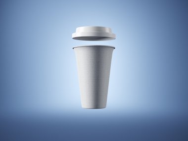Mavi zemin üzerine beyaz zanaat kahve Kupası. Önden Görünüm. 3D render