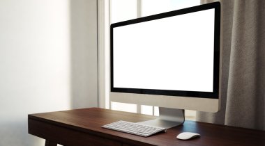 Generic design computer on the wooden table. Empty screen. 3d render