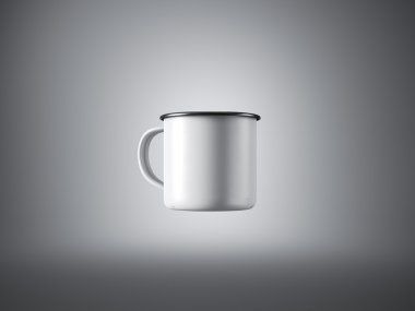 Gri arka plan üzerinde beyaz metal kahve Kupası kavramı. 3D render