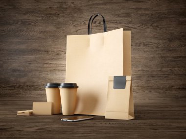 Set of brown pocket bag, two coffee cups, business cards and generic design smartphone. 3d render