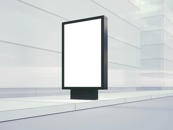 Blank lightbox on the empty street. Glass facades of buildings   background. 3d render — Stock Photo, Image