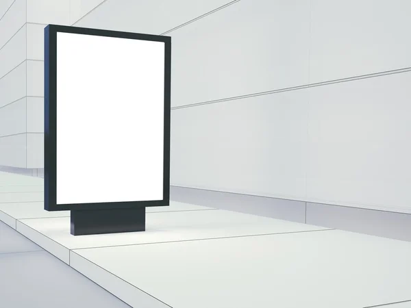 Blank lightbox on the empty street. Glass facades of buildings in  background. Left side. 3d render — Stock Photo, Image