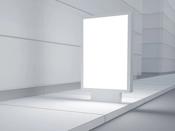 Caja de luz blanca en la calle vacía. Edificios modernos en el fondo. 3d renderizar — Foto de Stock