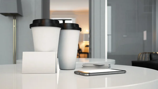 Set aus zwei Tassen zum Mitnehmen, Visitenkarten und einem Smartphone im generischen Design auf dem Tisch. 3D-Darstellung — Stockfoto