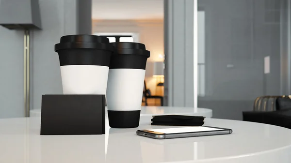 Sor két take away csésze, fekete névjegykártyák és általános tervezési smartphone az asztalon. 3D render — Stock Fotó