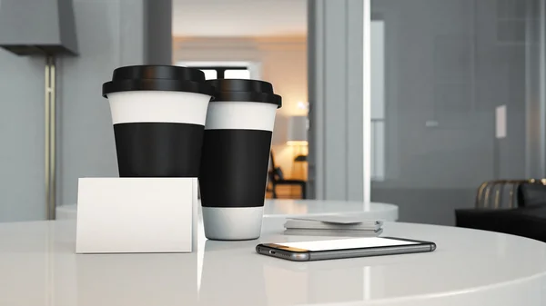 Conjunto de dois copos take away, cartões de visita brancos e smartphone de design genérico na mesa. Renderização 3d — Fotografia de Stock