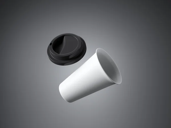 Weiße Kaffeetasse mit schwarzem Kunststoffdeckel auf grauem Hintergrund. horizontal. 3D-Darstellung — Stockfoto
