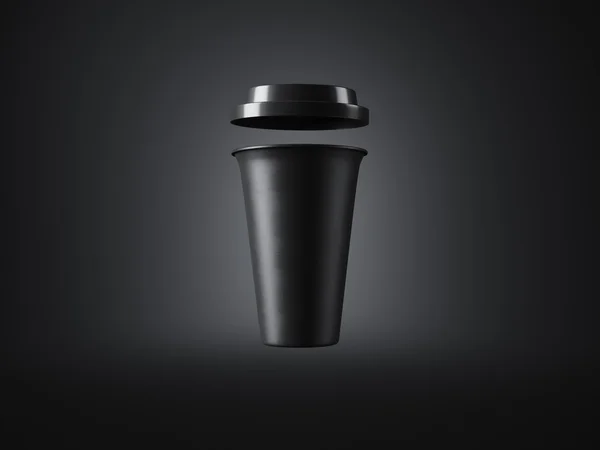 Schwarze Kaffeetasse auf dunklem Hintergrund. Frontansicht. 3D-Darstellung — Stockfoto