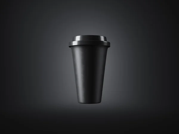 Fekete papír poharat, műanyag fedővel, a sötét háttér. Vízszintes. 3D-leképezés — Stock Fotó