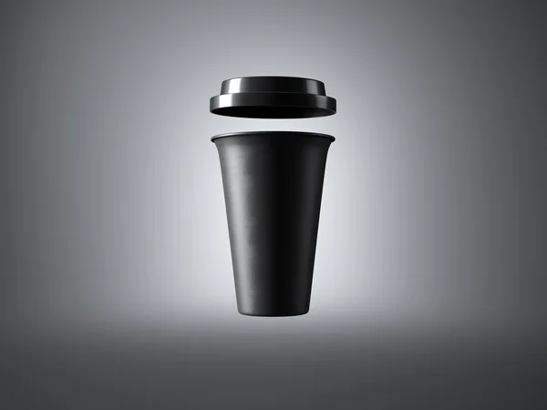 Xícara de café preto no fundo cinza com top de plástico. Vista frontal. Renderização 3d — Fotografia de Stock