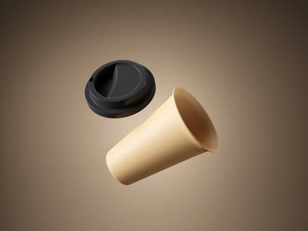 Offene Kaffeetasse mit Plastikdeckel auf braunem Hintergrund. 3D-Darstellung — Stockfoto