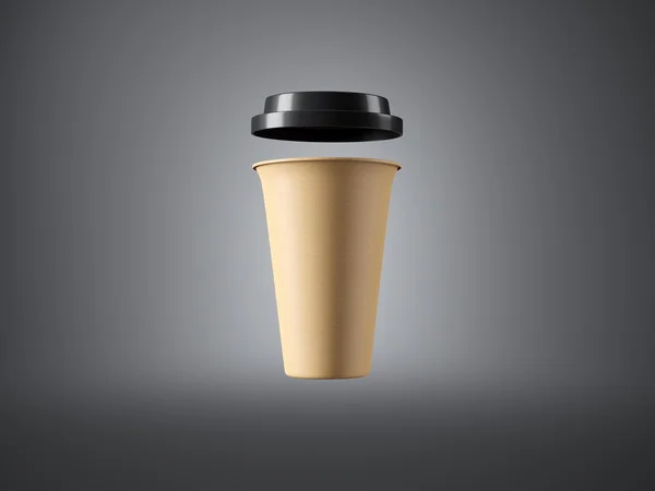 Brown paper cup with plastic top on the gray background. Front view. 3d rendering — Stock Fotó