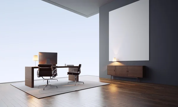 Concept of contemporary office interior with empty white canvas. 3d render — Zdjęcie stockowe