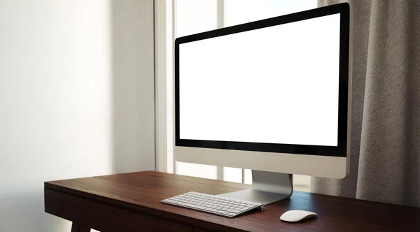 Generic design computer on the wooden table. Empty screen. 3d render — Stock Fotó