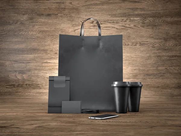 Set of shopping bag, two coffee cups, black business cards and generic design smartphone on the wooden table. 3d render — 图库照片