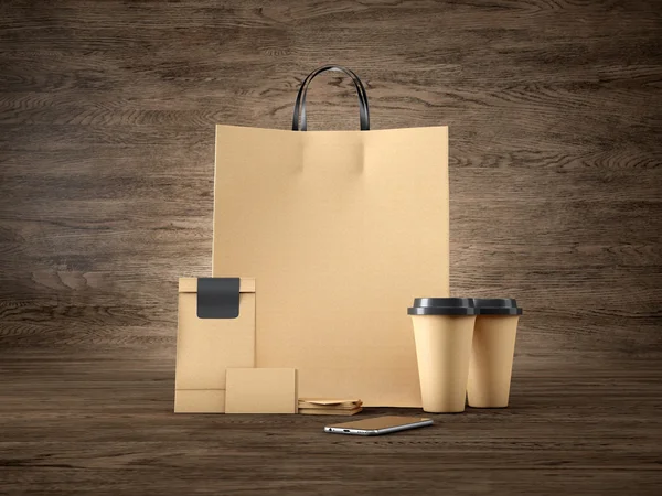 Set of craft shopping bag, two coffee cups, business cards and generic design smartphone. 3d render — Stockfoto