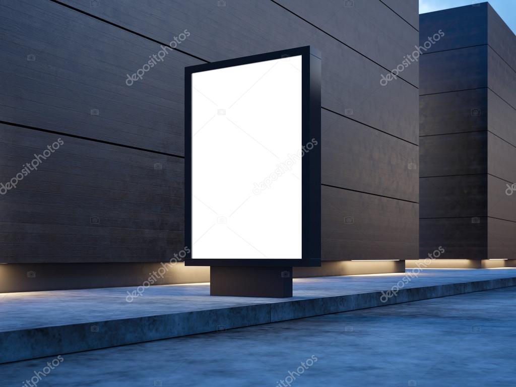 Black empty lightbox on the street. Wooden facades of modern buildings in background. 3d render