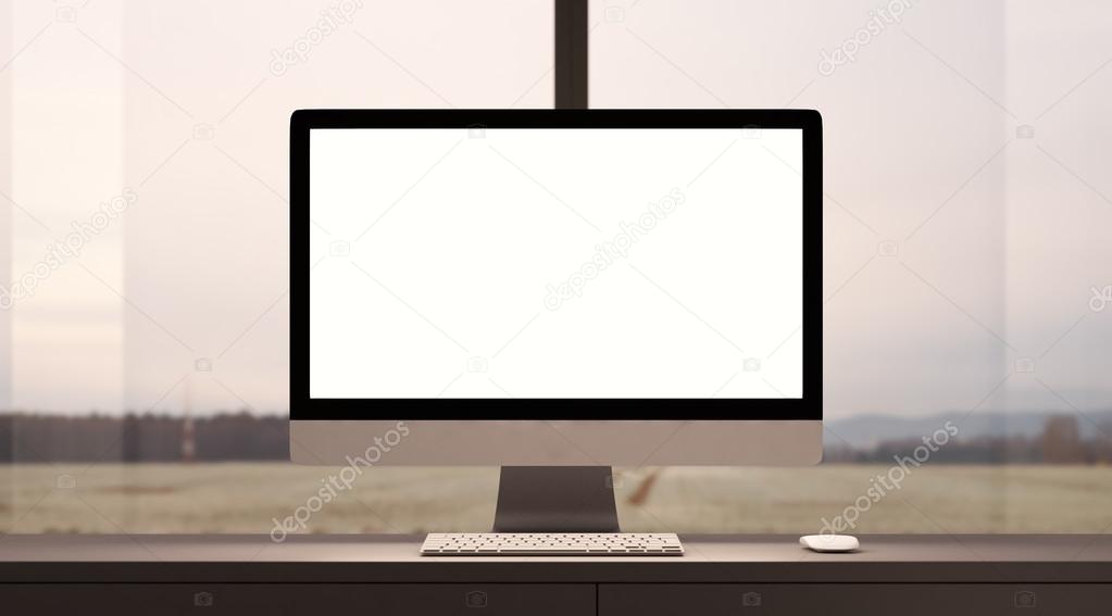 Concept of workspace with generic design computer at the table. Focus on desktop. 3d render