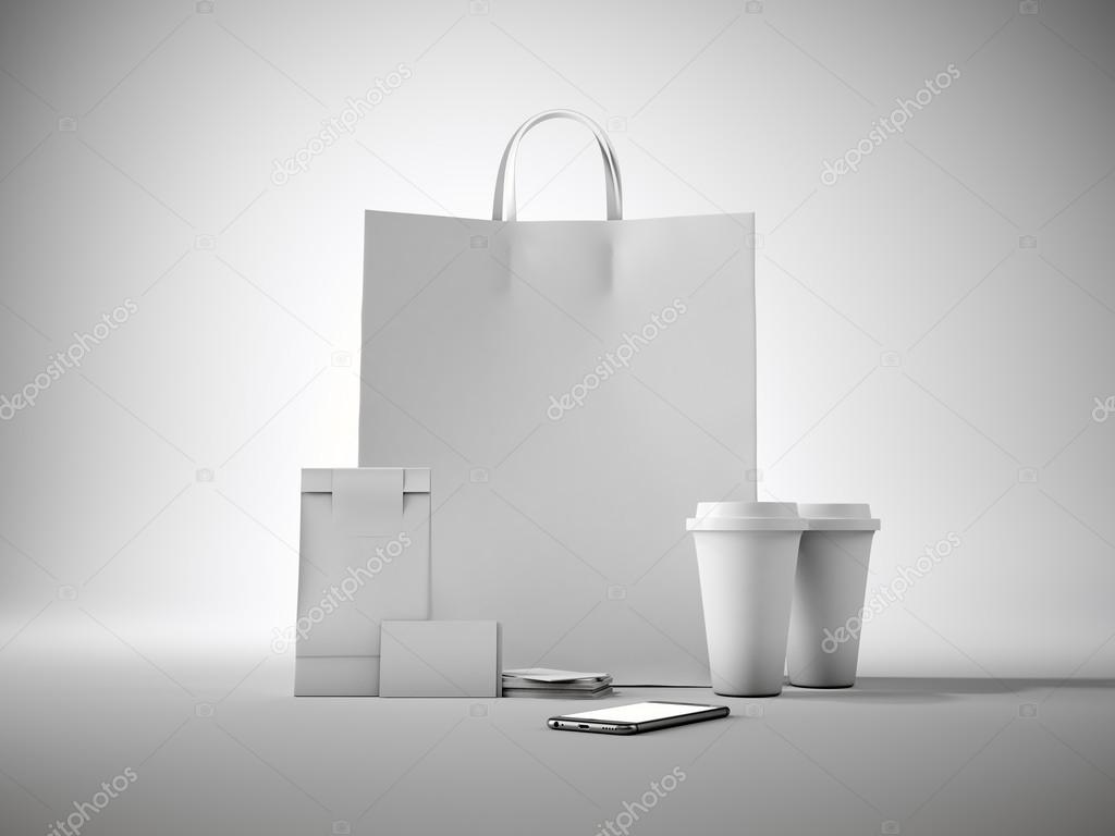 Set of white craft shopping bag, two coffee cups, business cards and generic design smartphone. Light background. 3d render
