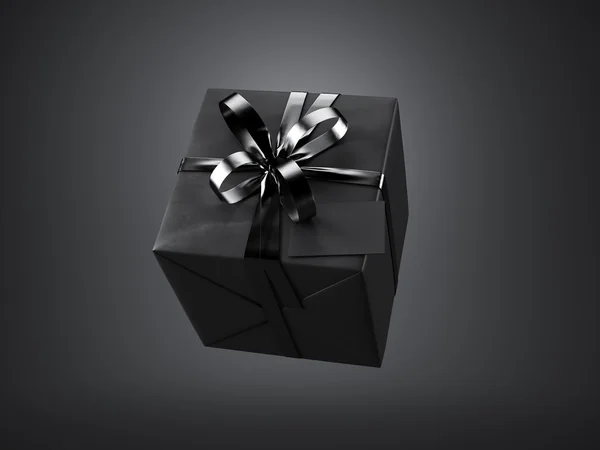 Black gift box with black ribbon — Stock Photo, Image